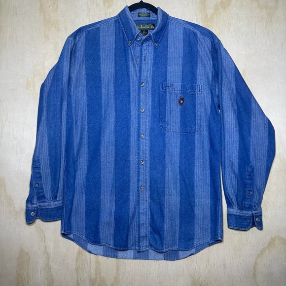 Knights of round table blue striped button-up shirt 100% cotton size medium - Picture 1 of 9